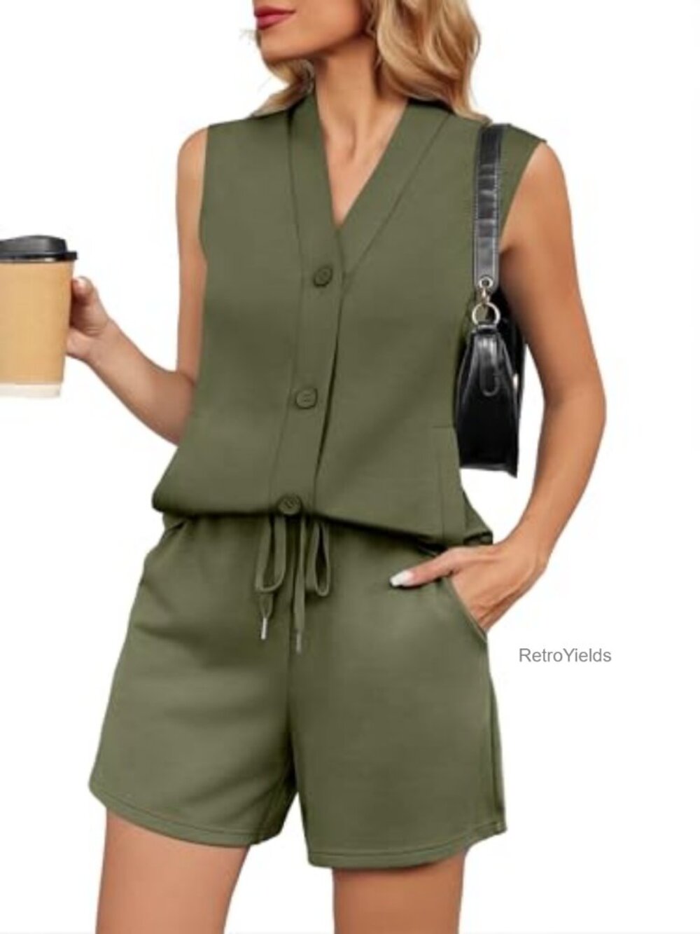 Women's Sleeveless Two Piece Short Set with Button Vest